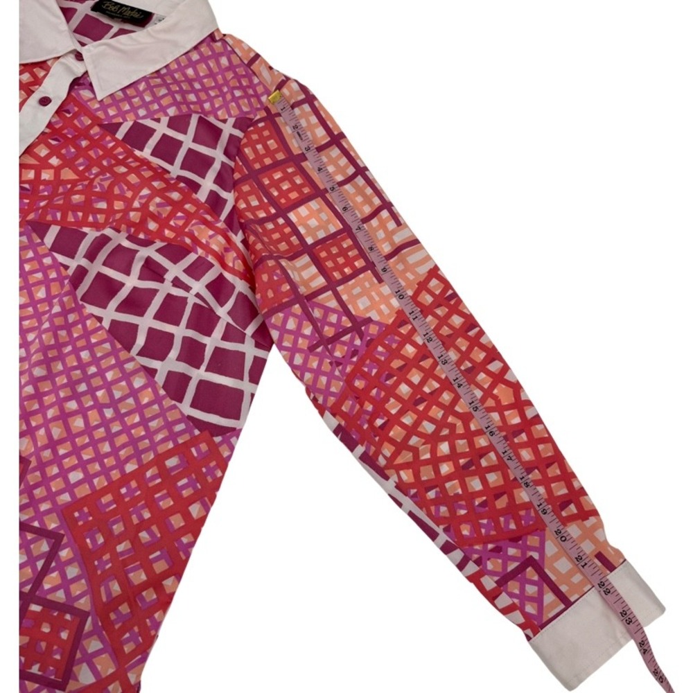 BOB MACKIE 1X Blouse Pink Orange Geometric Wearable Art Tunic Top Patchwork - Picture 7 of 12